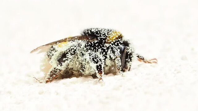 Bourdon (Bombus sp.) couvert de pollen se d&eacute;pla&ccedil;ant au sol &ndash; Hym&eacute;nopt&egrave;re pollinisateur en comportement naturel