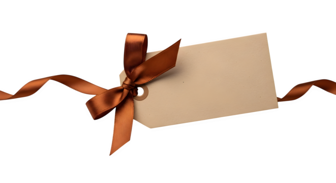 Blank gift tag with brown ribbon bow on white background, perfect for adding personalized messages or labels