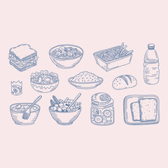 Hand drawn food items including sandwich salad noodles jar of pickles and bread illustration drawing