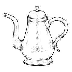 antique teapot vector with line art hand drawn illustration