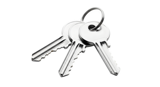Clean studio shot of three identical silver keys on a sturdy metallic ring, representing access, ownership, and crucial security elements on white