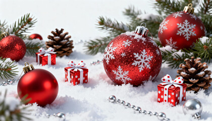 Christmas decorations with ornaments, pine cones and gifts in snow