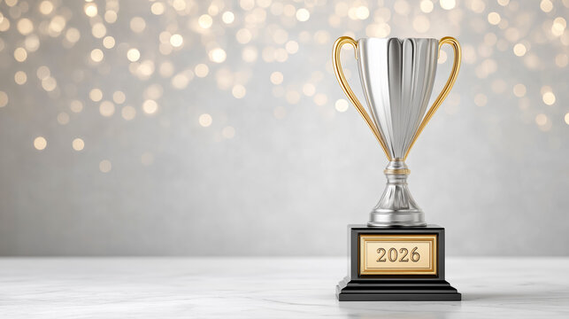 Golden trophy with 2026 text on a blurred background with bokeh, featuring clean copy space for text or promotional use.