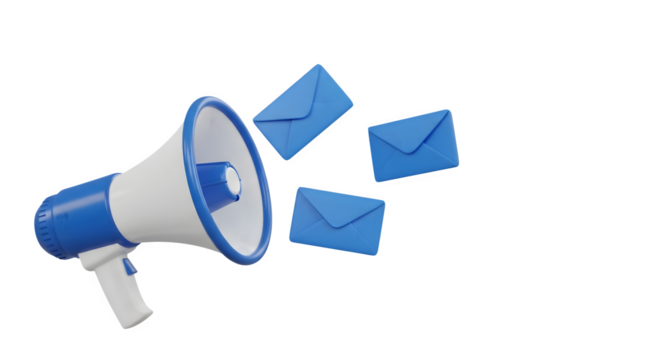 3D illustration of a megaphone with emails emerging, symbolizing communication and outreach