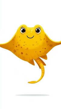 Cute Yellow Cartoon Stingray Swimming Happily Animation.