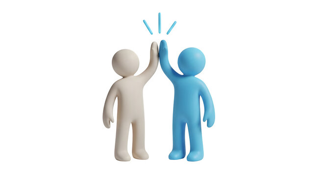 Two 3D characters celebrate a successful partnership with a high five, symbolizing teamwork and collaboration