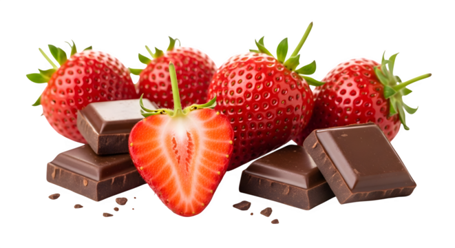 Fresh ripe strawberries with pieces of rich dark chocolate, including one sliced berry, isolated on a white background