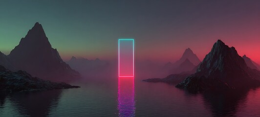 Futuristic neon landscape with glowing portal and mirrored mountains