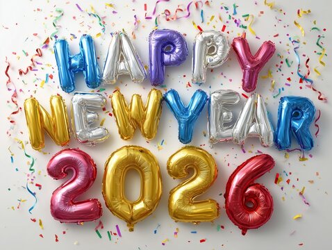 3D Colorful Foil Balloon Typography Spelling Happy New Year with Falling Confetti on White Background