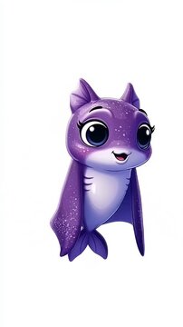 Cute Purple Cartoon Bat Ray Character with Big Eyes and Smiling Face on White Background.