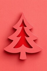 Obraz premium Minimalist red Christmas background featuring a cut-out paper Christmas tree design, showcasing vibrant color and festive spirit for holiday-themed projects and decorations