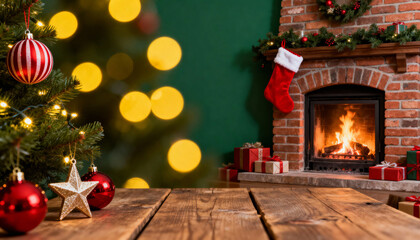 Christmas living room with decorated tree and fireplace