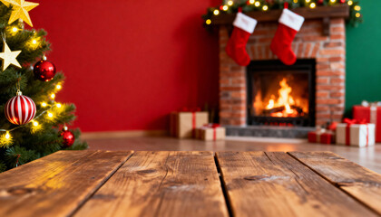 Christmas living room with decorated tree and fireplace