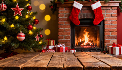 Christmas living room with decorated tree and fireplace
