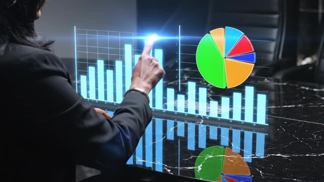 Woman viewing digital business charts over shoulder. Professional analyzing bar graphs and pie charts on office desk. Holographic data visualization for corporate report presentation.