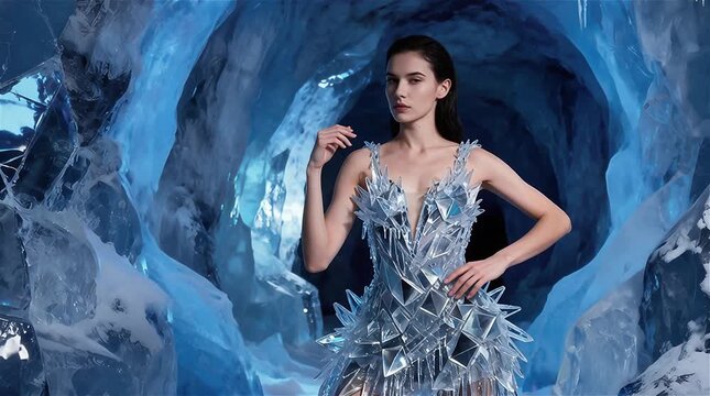 Modelo con un vestido hecho de carámbanos translúcidos y fragmentos de hielo brillante