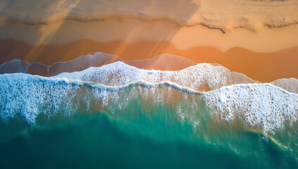Aerial top view of golden sandy beach with turquoise sea waves at sunset.