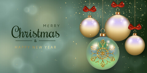 New Year's banner with Christmas tree baubles and confetti