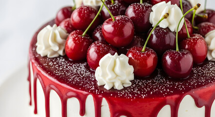 Delicious cherry cake with red glaze and whipped cream topping.