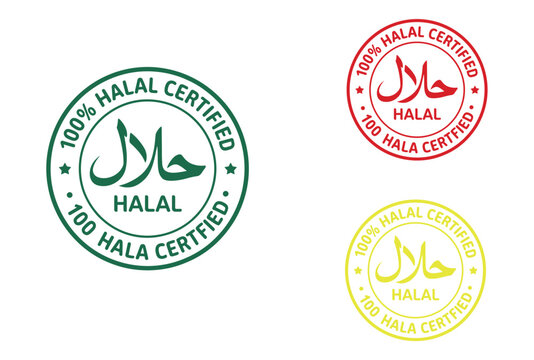 Three circular Halal certification stamps in green, red, and yellow are displayed on a white background, indicating food and product compliance.