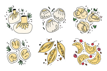 A large set of dumplings of various shapes and sizes, menu compositions on a white background