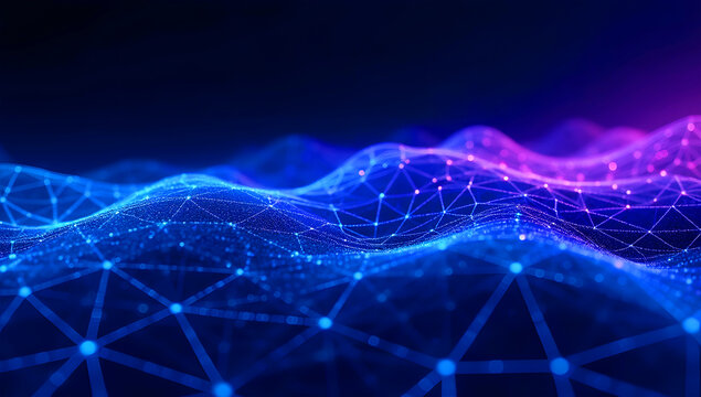 Abstract futuristic technology background with blue digital wave and glowing network connection particles. - Powered by Adobe
