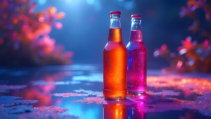 Two cold glowing glass bottles with colorful drinks on wet reflective surface in neon light.