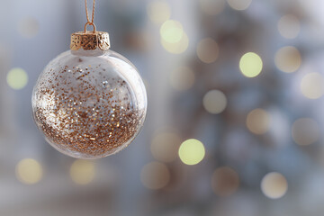 Happy New Year.  Merry Christmas. Big christmas ball white golden color. Copy space for text. Blurred background of  decorated with lights, toys, illumination. Bokeh. Greeting Postcard. Celebration