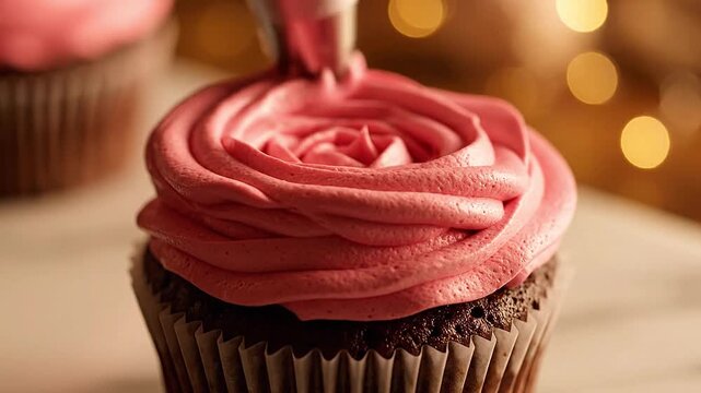 Buttercream roses swirl perfectly on elegant cinematic shots of cup cake frosting