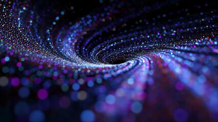 Ultra HD Abstract swirling vortex of colorful glowing particles on a dark background, creating a dynamic and futuristic bokeh effect, perfect for digital art and tech themes video