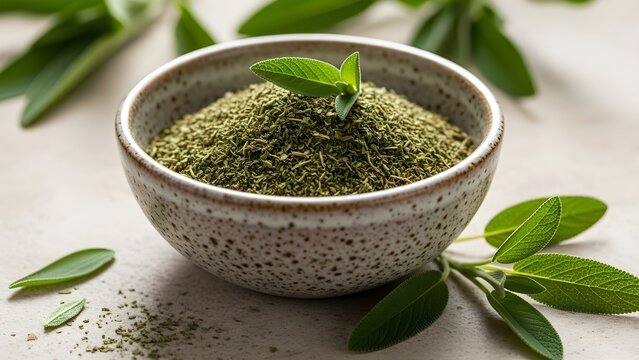 Dried sage in ceramic bowl with fresh sage leaves surrounding - Powered by Adobe