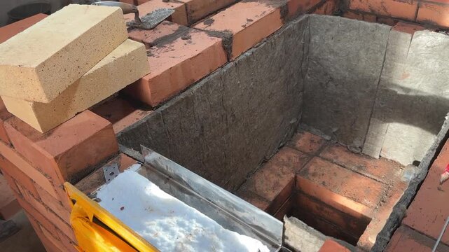 Building a heating stove, The stove core is lined with mineral wool, Close-up, Vertical video.