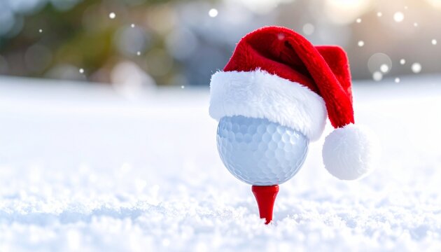 golf ball on snow in winter wearing a Santa hat