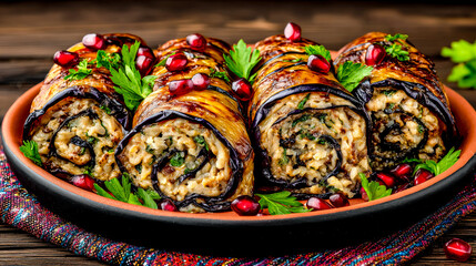 Eggplant rolls filled with walnut paste and garnished with pomegranate seeds on a clay plate.