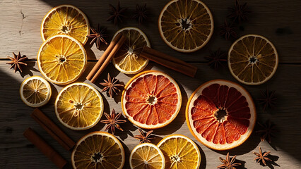 Dried citrus fruits and spices on a rustic wooden surface create a beautiful and aromatic still life. The warm, natural light enhances the textures and colors of the ingredients