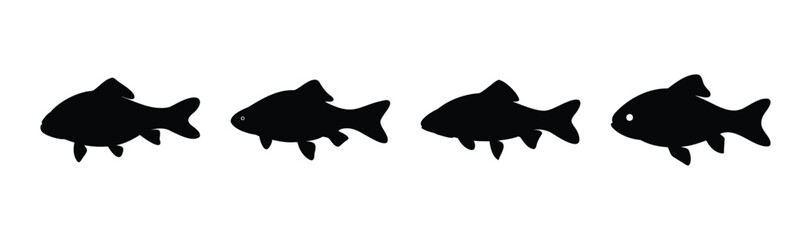 Four black fish silhouettes swimming, simple minimal marine icon
