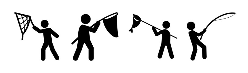 Stick figures engaged in catching and fishing activities