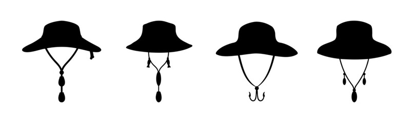 Silhouettes of fishing hats with chin straps set isolated