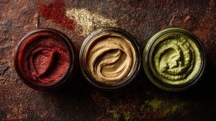 Three jars of colorful sauces displayed with ground spices overhead view