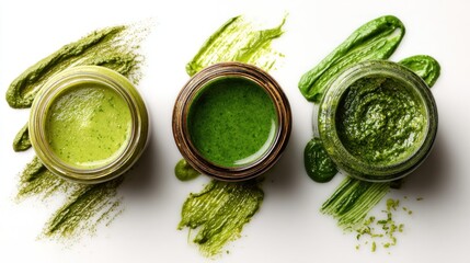 Overhead view of three jars with green spread and brushstrokes on white surface