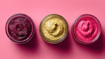 Three colorful food purees in glass jars arranged on a pink surface overhead view