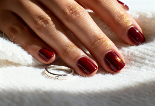 A woman's hand with a glossy dark red manicure on a cozy white sweater. Close-up of elegant fingers with burgundy nail polish and a silver ring. Beauty and self-care concept