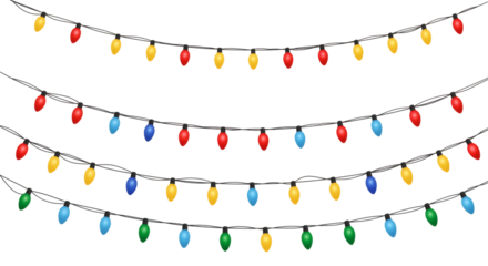 Festive string lights with multi-colored bulbs arranged in rows, perfect for holiday decorations and celebration isolated on transparent background