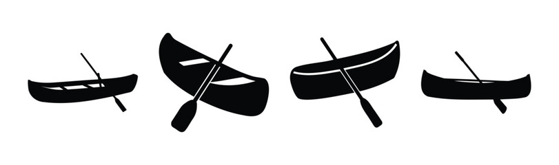 Black canoe and paddle icons set for water sports and fun