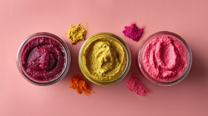 Colorful food spreads in glass jars on pink background top view copy space