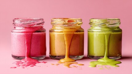 Three jars of colorful liquid flowing on a pink background for food health and creative concepts