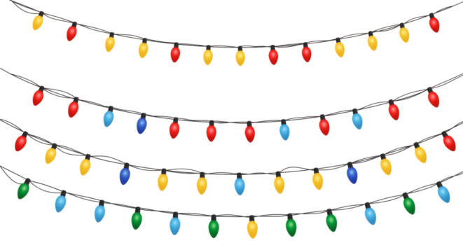 Festive string lights with multi-colored bulbs arranged in rows, perfect for holiday decorations and celebration isolated on transparent background