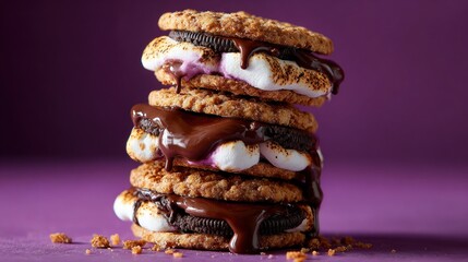 Stacked dessert with dripping chocolate and marshmallow on a purple background