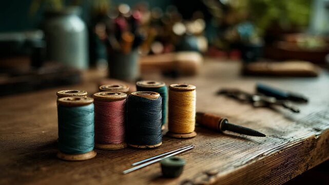 Ultra HD Colorful spools of thread and crafting tools neatly arranged on a rustic wooden workbench, ready for sewing, embroidery, showcasing a creative hobby or professional craft video