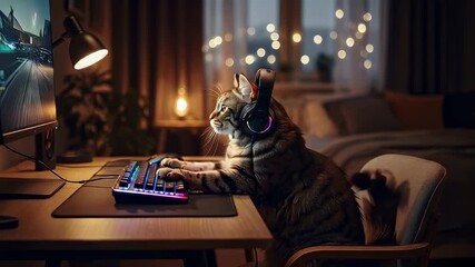 A Relaxed Cat Gaming at Night with Headphones on, Captivated by the Screen's Bright Colors in a Cozy, Softly Lit Room Filled with Warm Decorations
